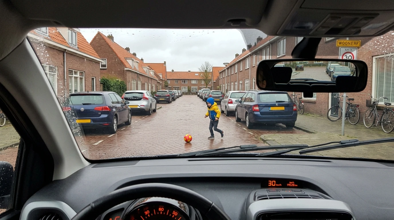 What do you do? (Speed: 70 km/h (wet road conditions), living street / erf, playing children with scooters are on the pavement to the left behind brick planters).